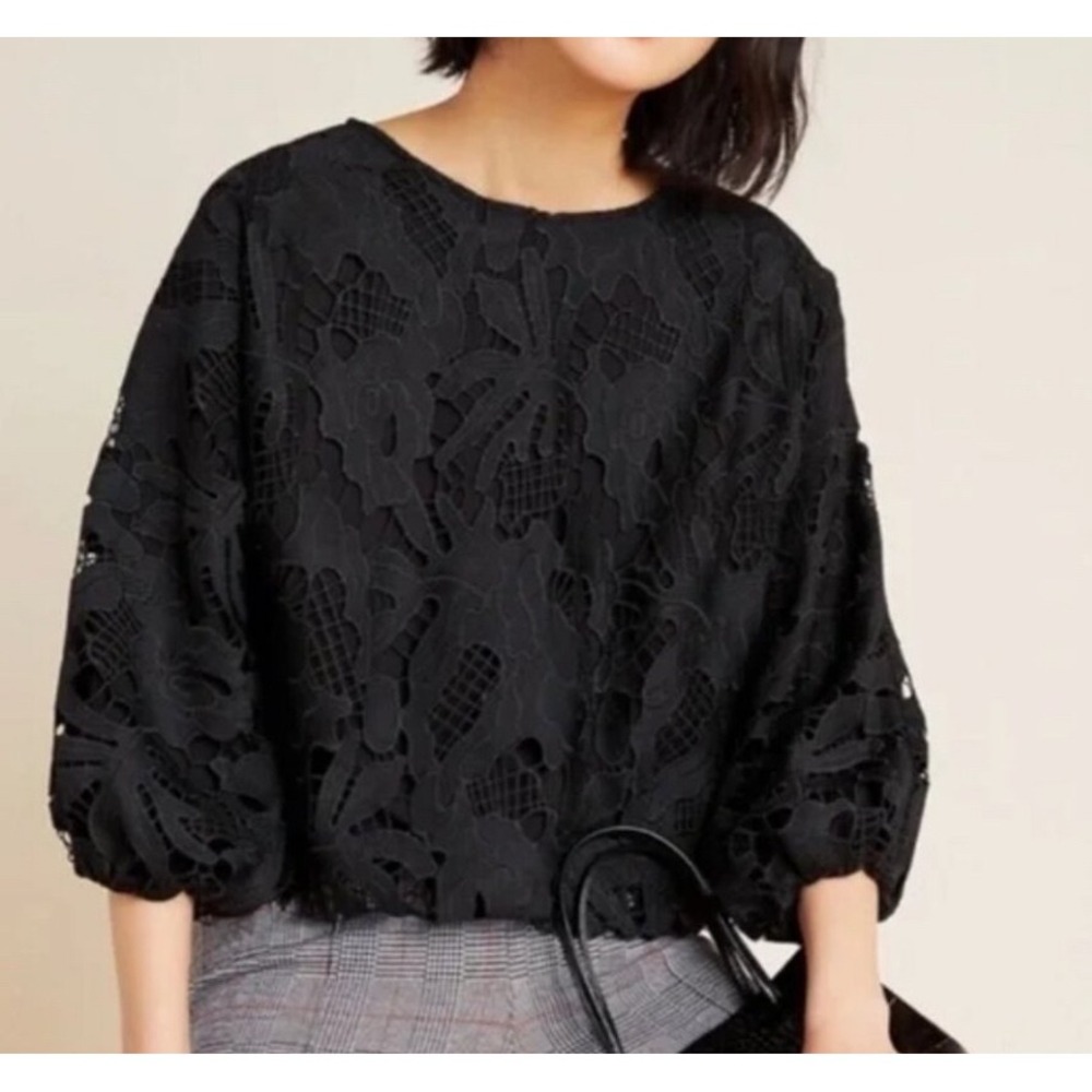Black Lace Balloon-Sleeve Blouse - Women Tops